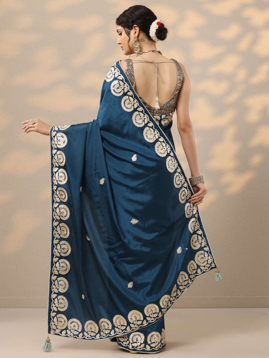 Blue Embroidered Satin Saree With Unstitched Blouse Piece