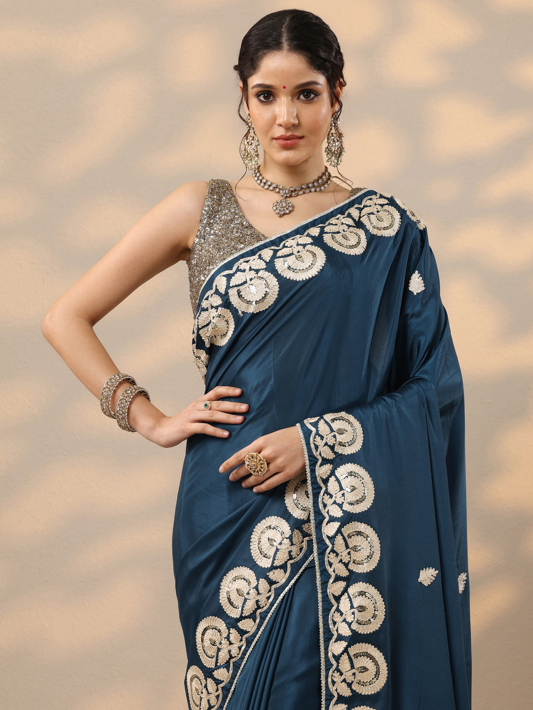 Blue Embroidered Satin Saree With Unstitched Blouse Piece