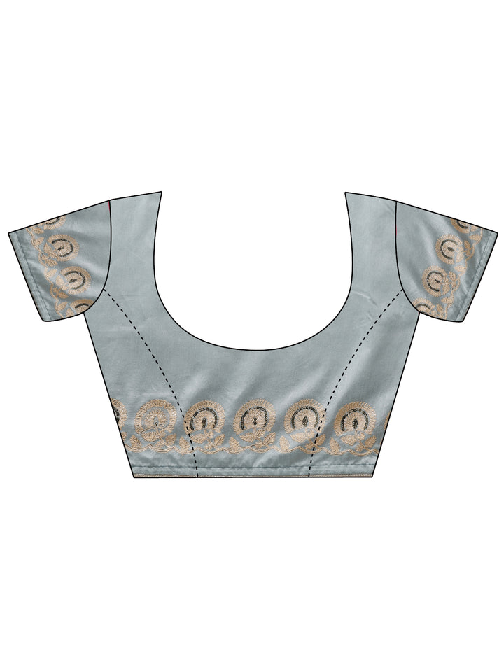 Blue Embroidered Satin Saree With Unstitched Blouse Piece