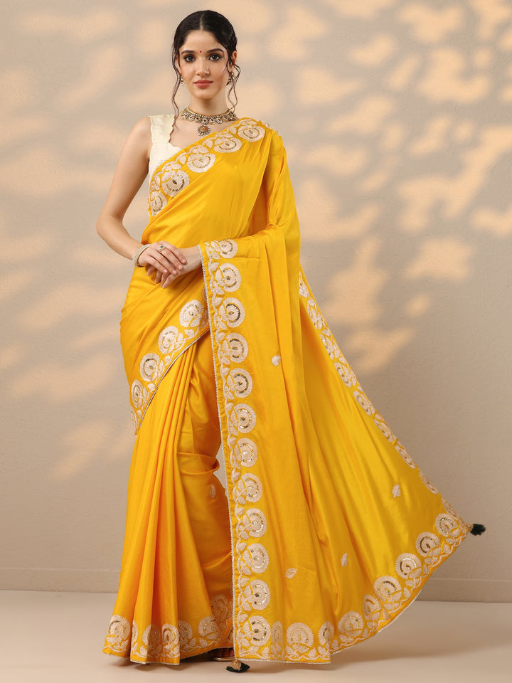 Yellow Embroidered Satin Saree With Unstitched Blouse Piece