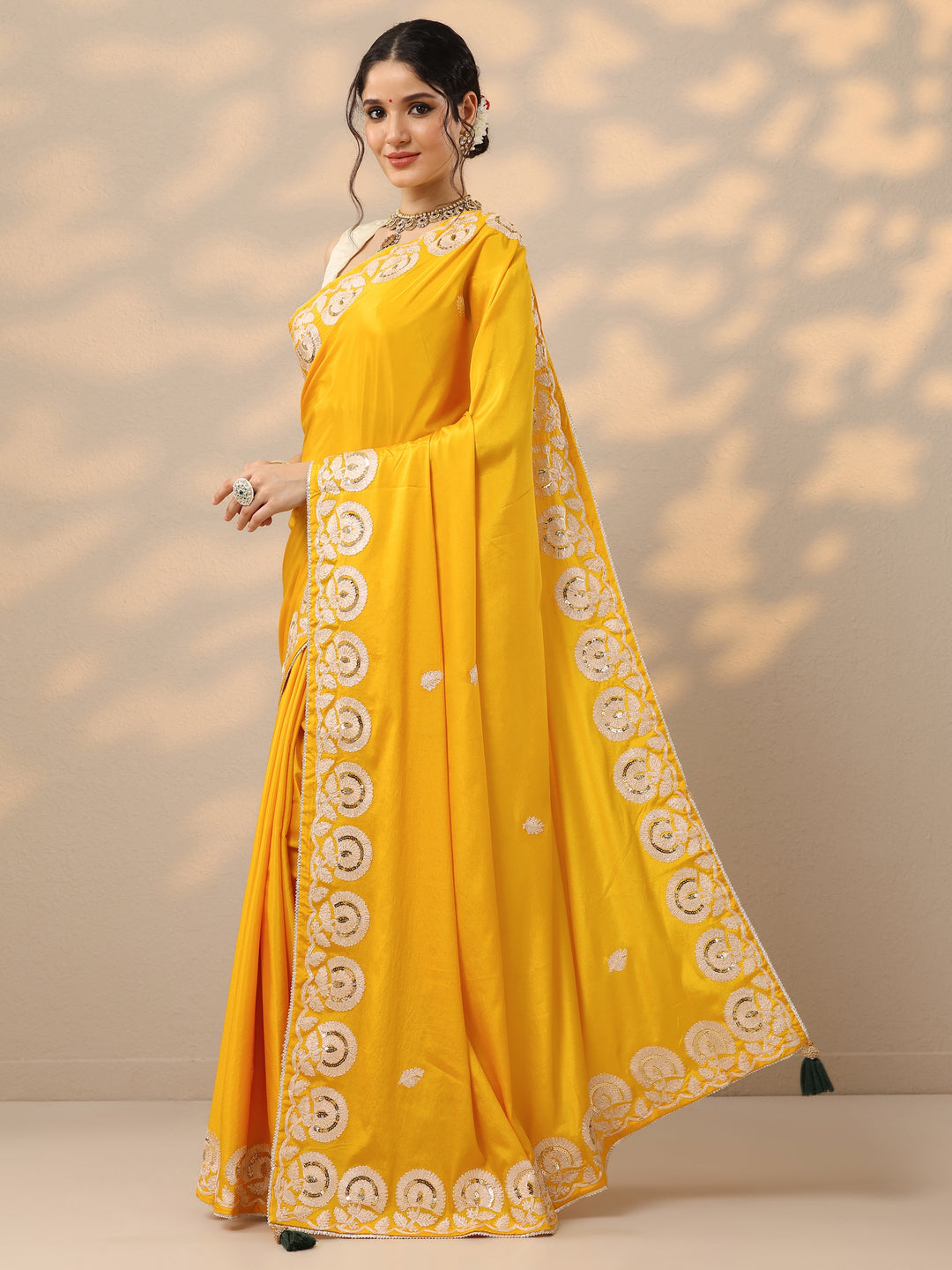 Yellow Embroidered Satin Saree With Unstitched Blouse Piece