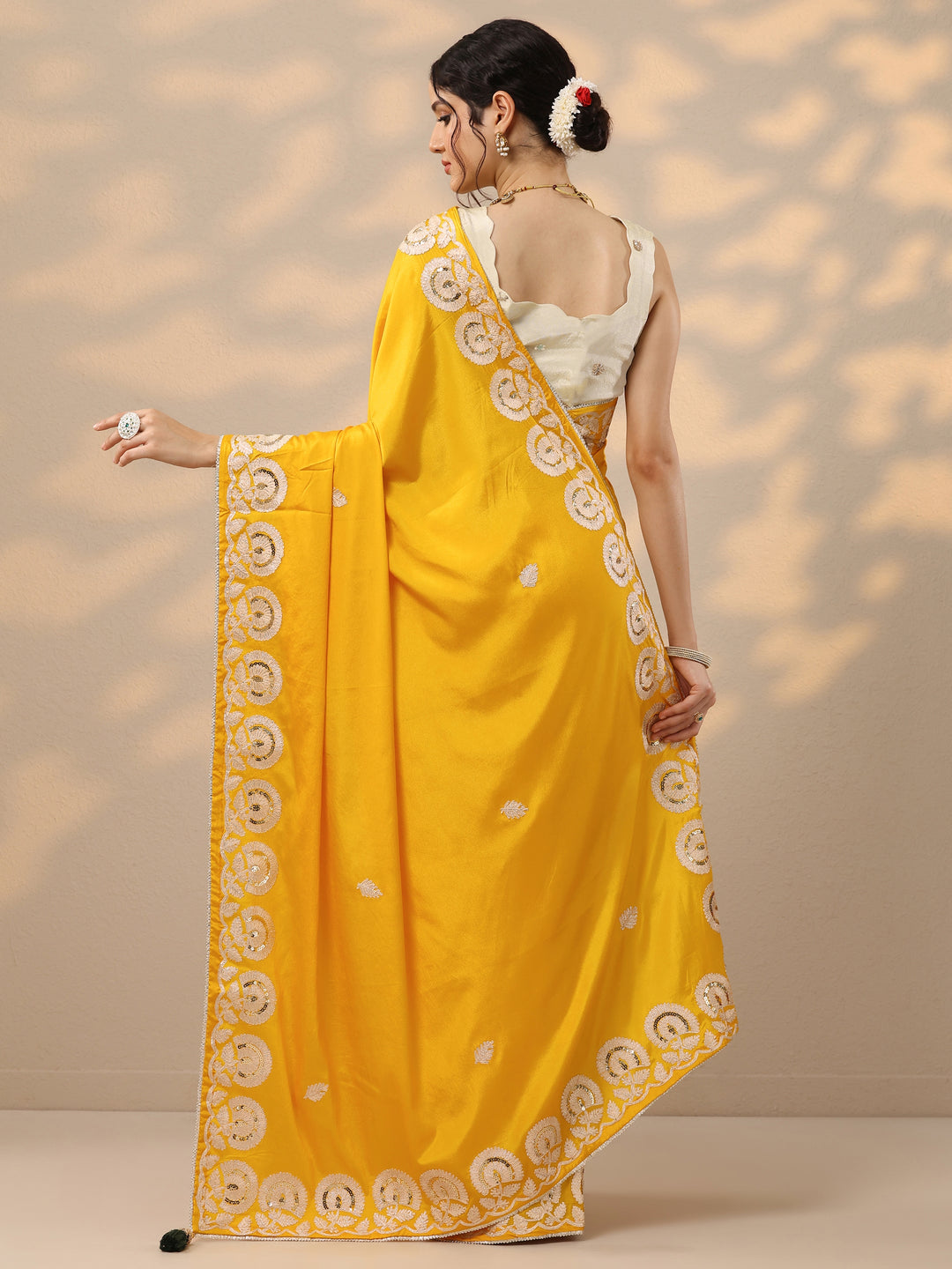 Yellow Embroidered Satin Saree With Unstitched Blouse Piece