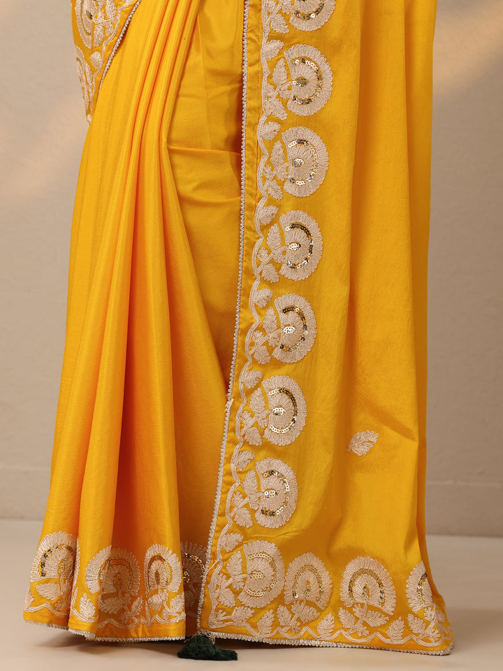 Yellow Embroidered Satin Saree With Unstitched Blouse Piece