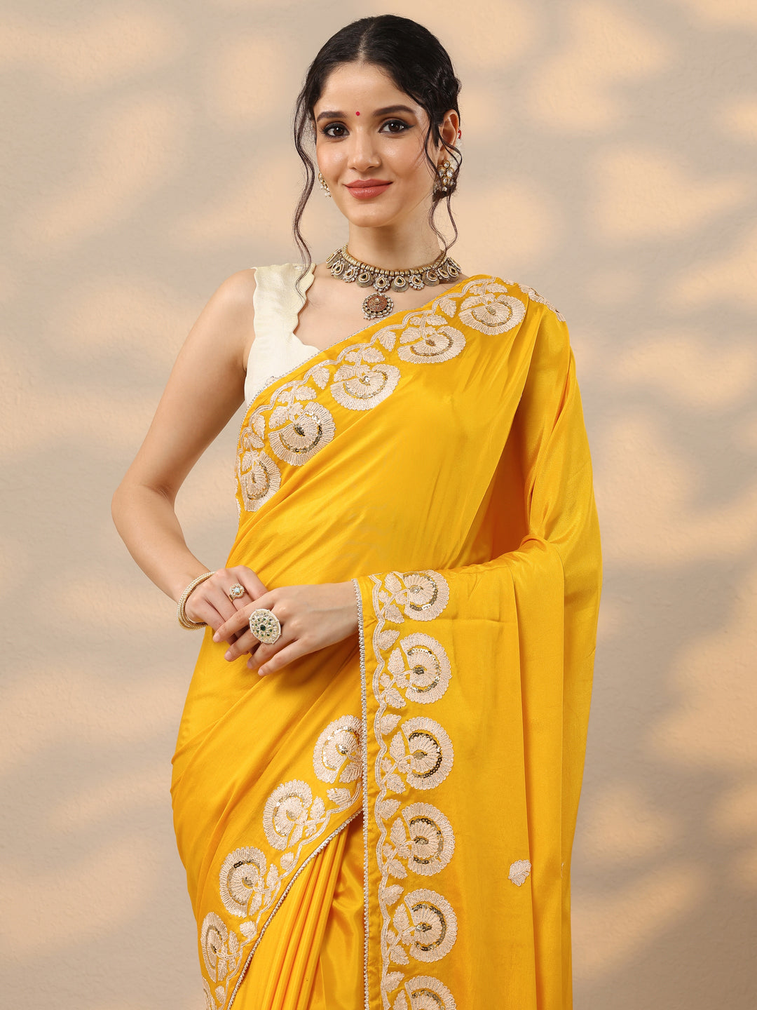 Yellow Embroidered Satin Saree With Unstitched Blouse Piece