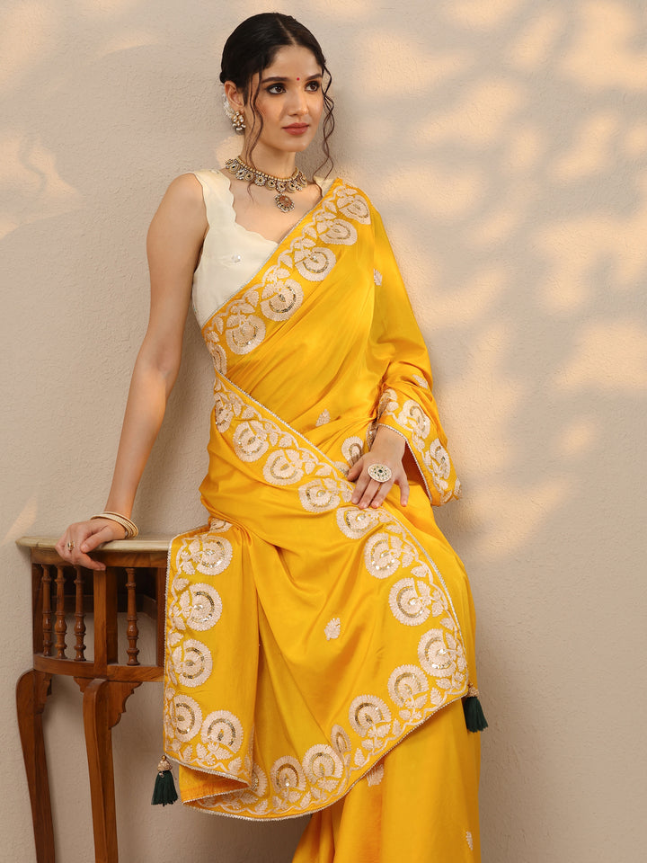 Yellow Embroidered Satin Saree With Unstitched Blouse Piece