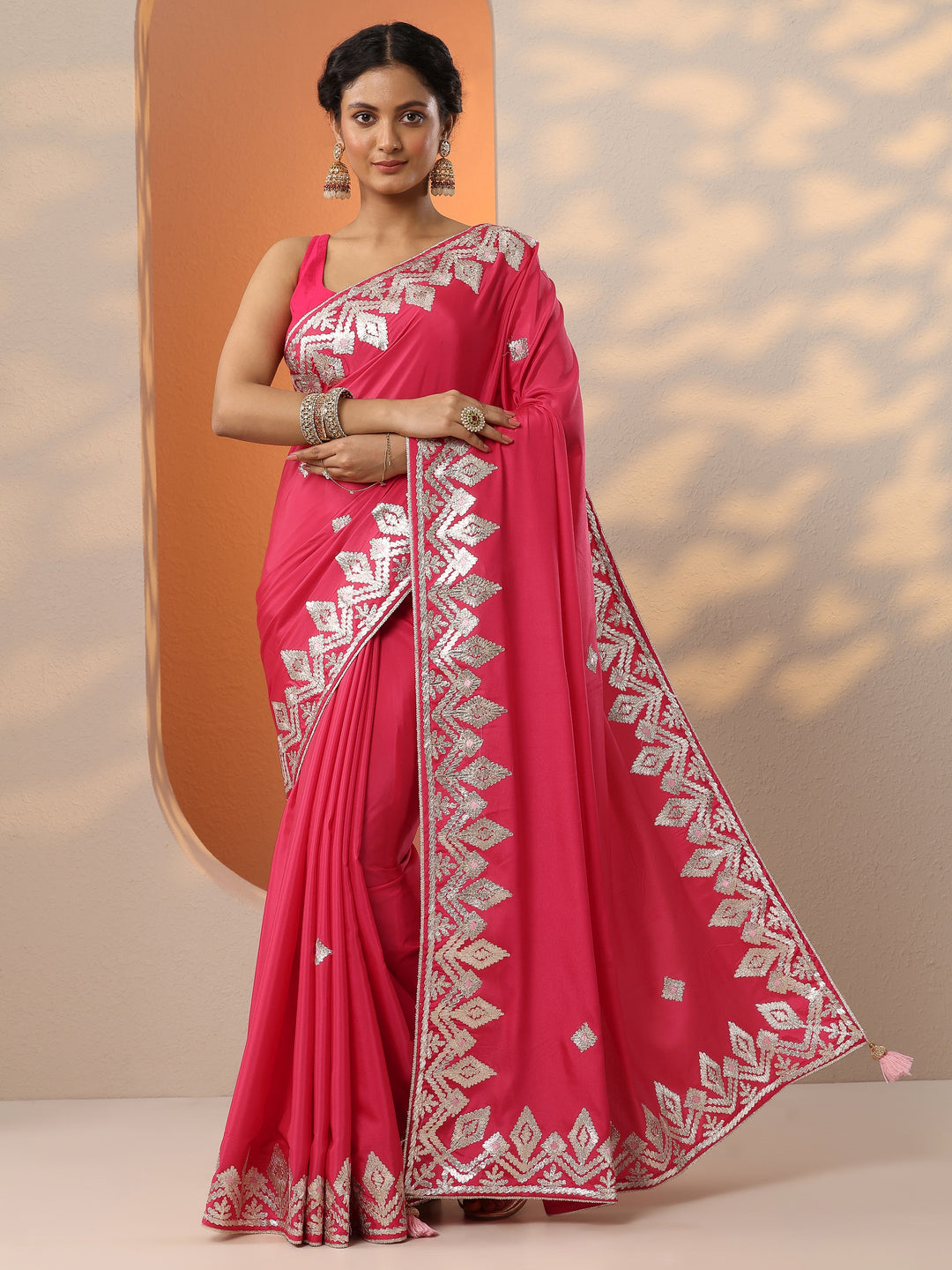 Red Embroidered Satin Saree With Unstitched Blouse Piece