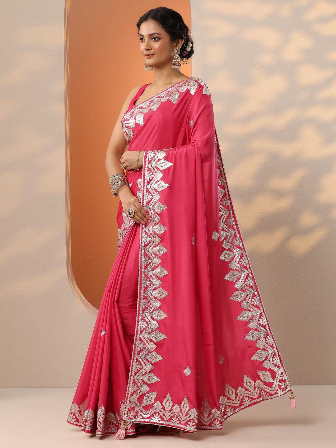 Red Embroidered Satin Saree With Unstitched Blouse Piece