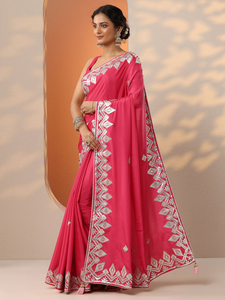 Red Embroidered Satin Saree With Unstitched Blouse Piece