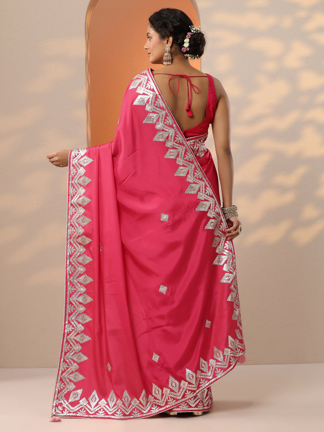 Red Embroidered Satin Saree With Unstitched Blouse Piece