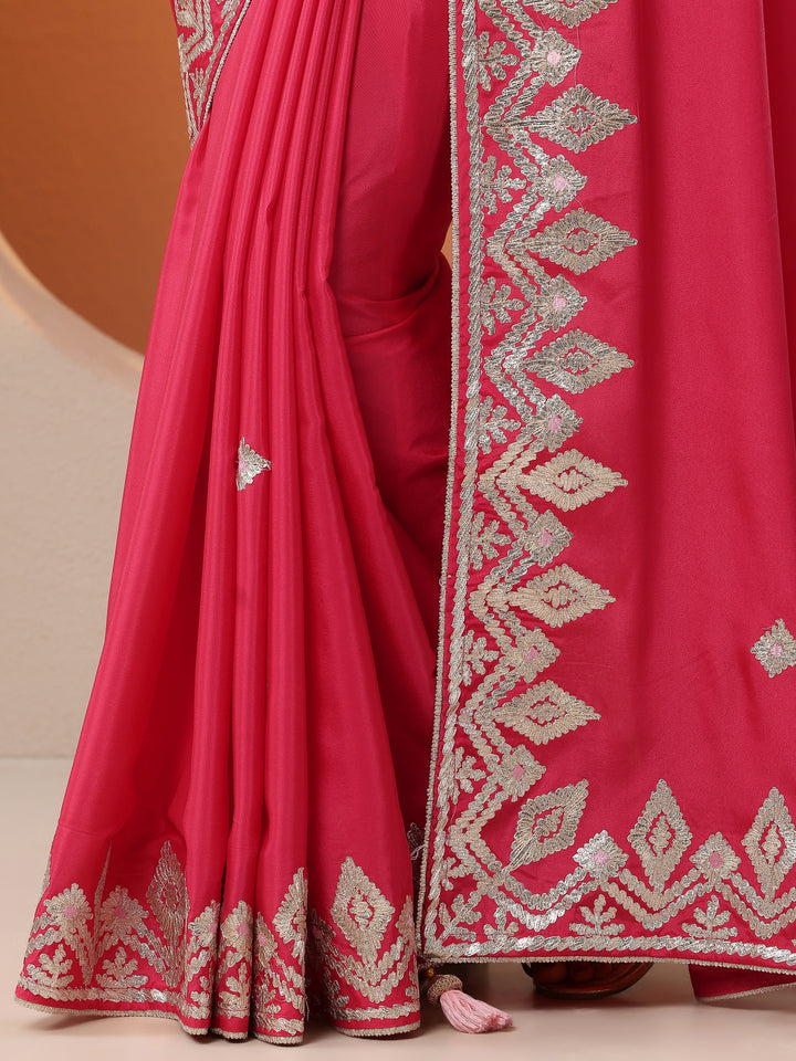 Red Embroidered Satin Saree With Unstitched Blouse Piece