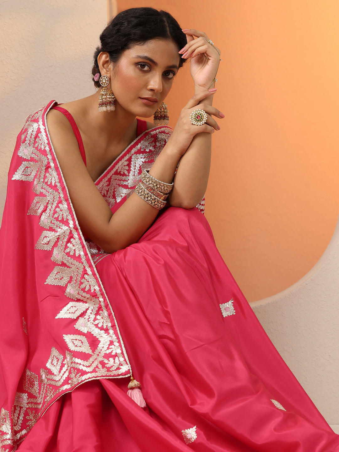 Red Embroidered Satin Saree With Unstitched Blouse Piece