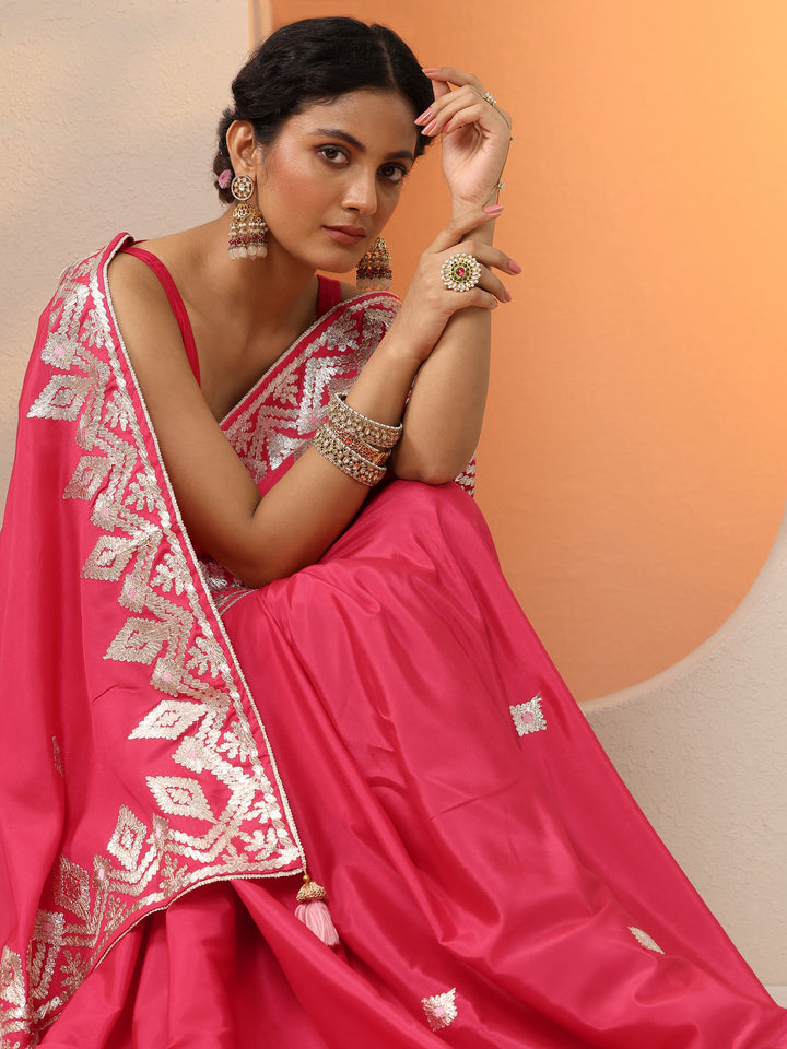 Red Embroidered Satin Saree With Unstitched Blouse Piece