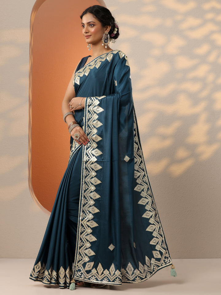 Blue Embroidered Satin Saree With Unstitched Blouse Piece