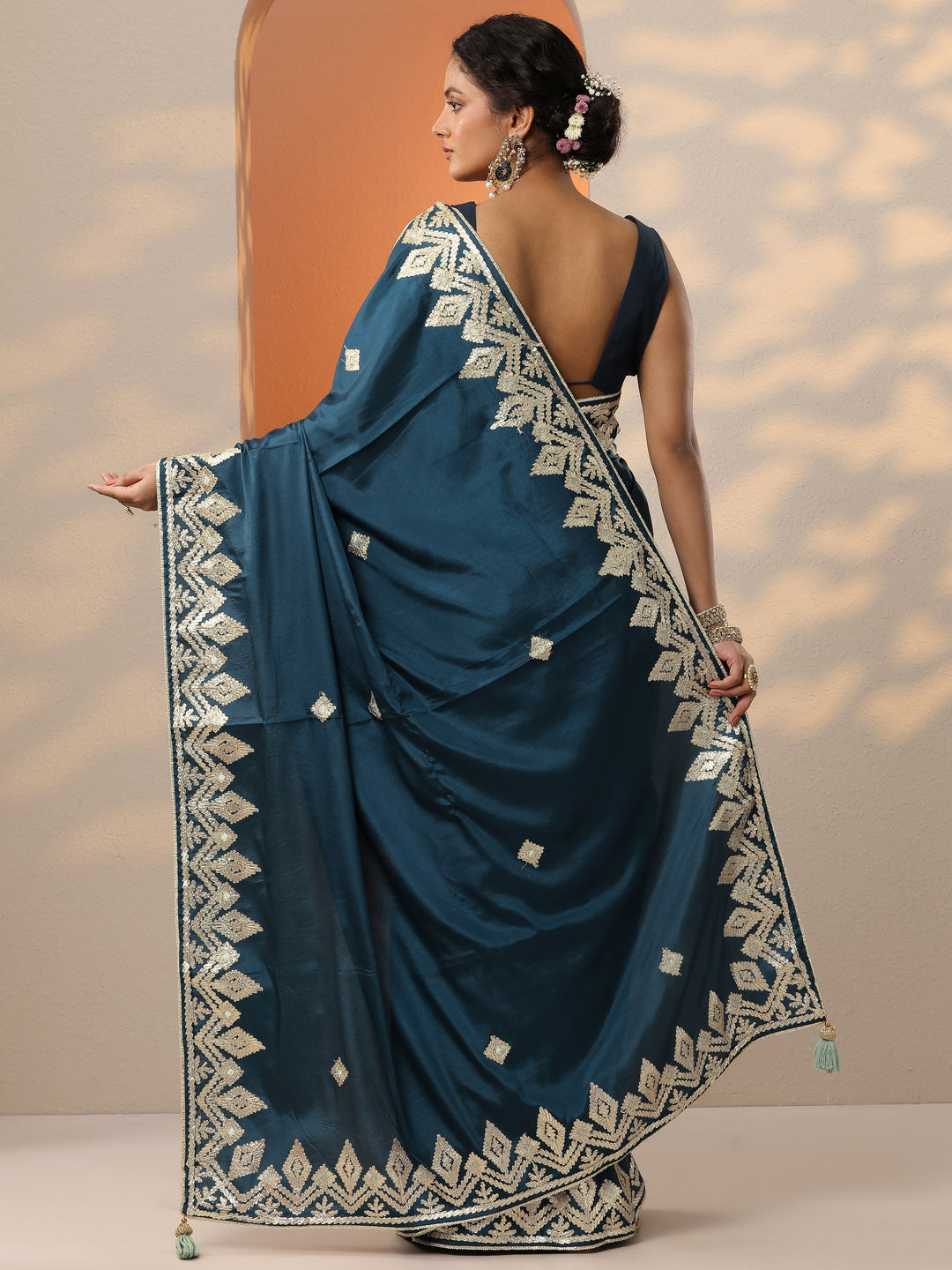 Blue Embroidered Satin Saree With Unstitched Blouse Piece