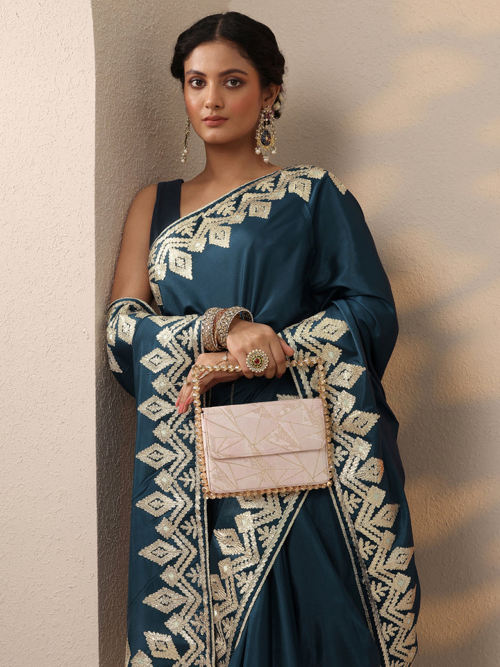 Blue Embroidered Satin Saree With Unstitched Blouse Piece