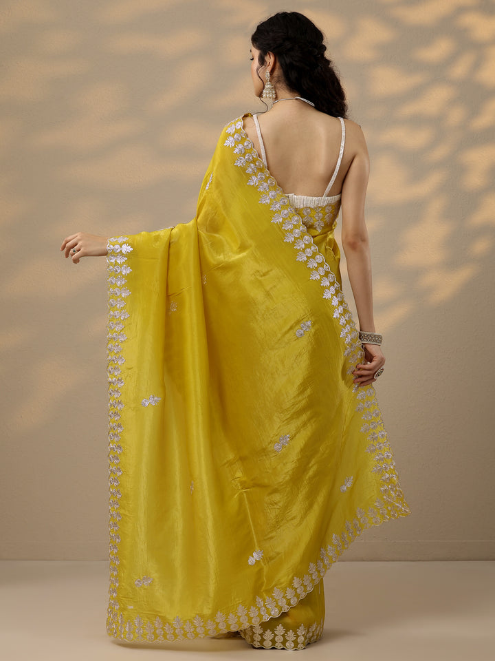 Yellow Embroidered Organza Saree With Unstitched Blouse Piece