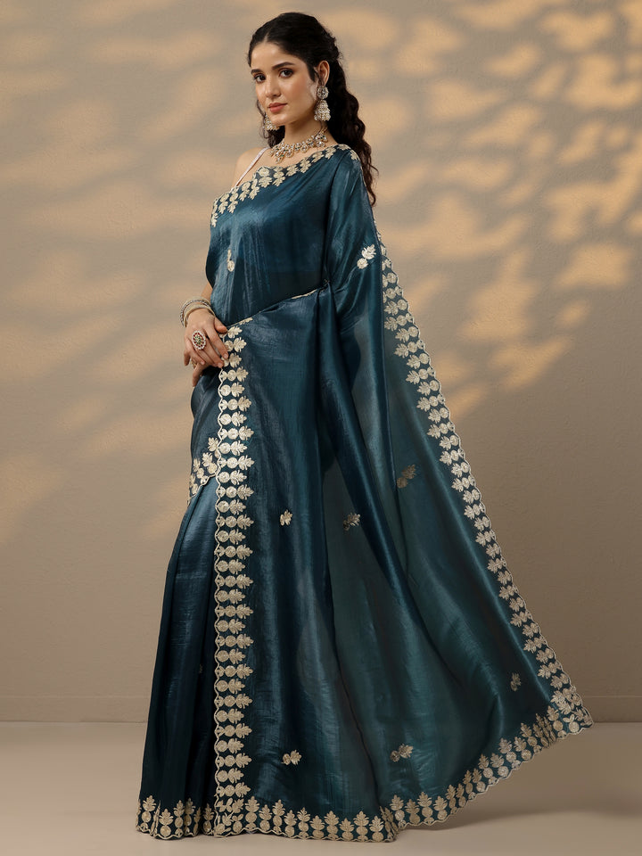 Blue Embroidered Organza Saree With Unstitched Blouse Piece