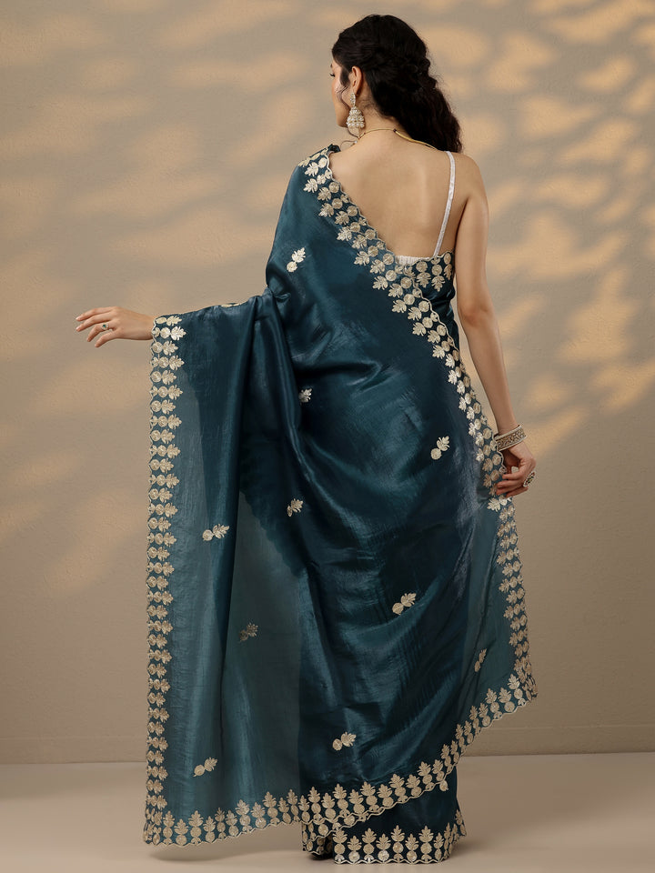 Blue Embroidered Organza Saree With Unstitched Blouse Piece