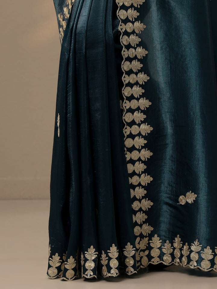 Blue Embroidered Organza Saree With Unstitched Blouse Piece