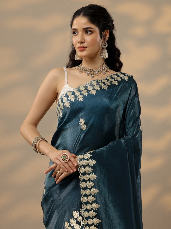 Blue Embroidered Organza Saree With Unstitched Blouse Piece