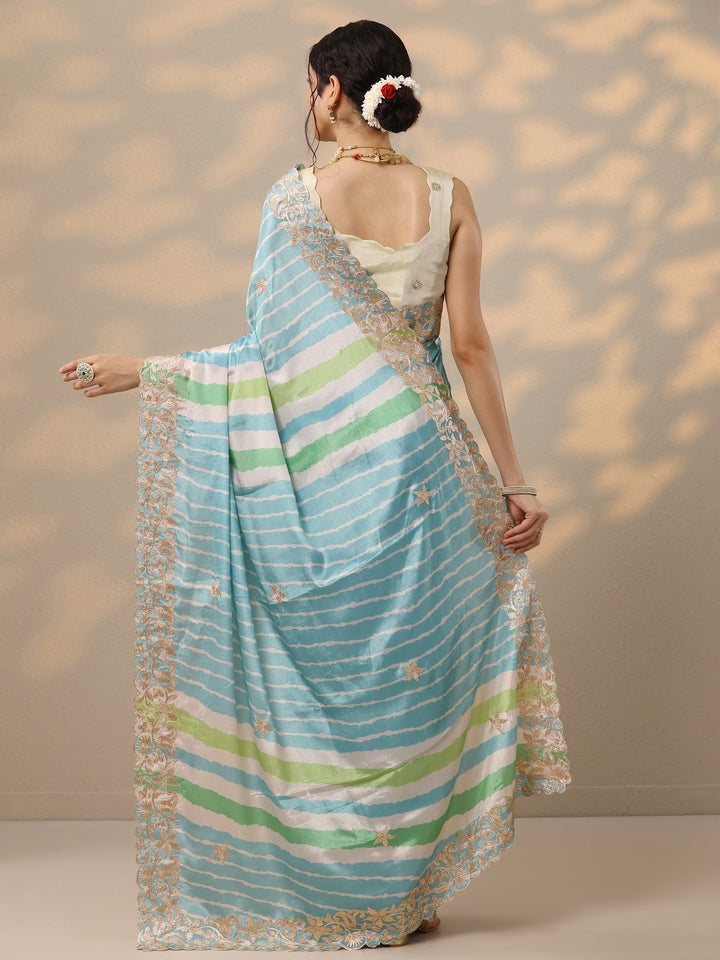 Blue Leheriya Printed Chinon Saree With Unstitched Blouse Piece