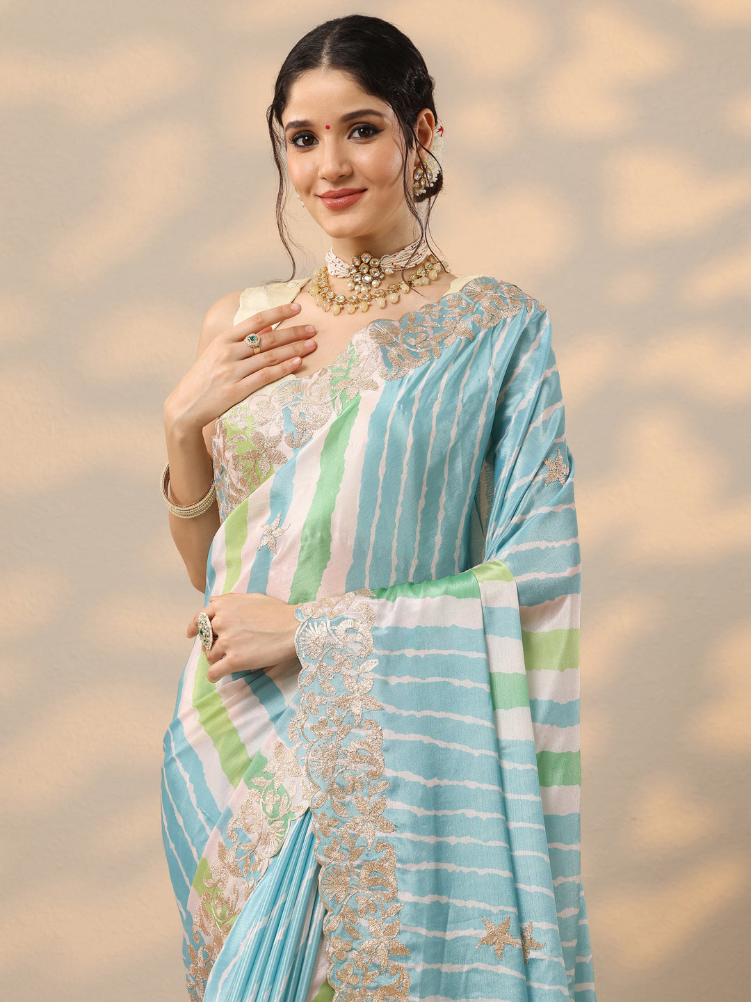 Blue Leheriya Printed Chinon Saree With Unstitched Blouse Piece