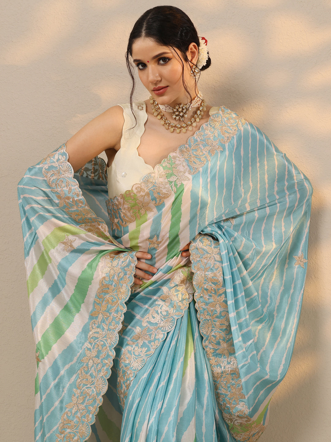 Blue Leheriya Printed Chinon Saree With Unstitched Blouse Piece