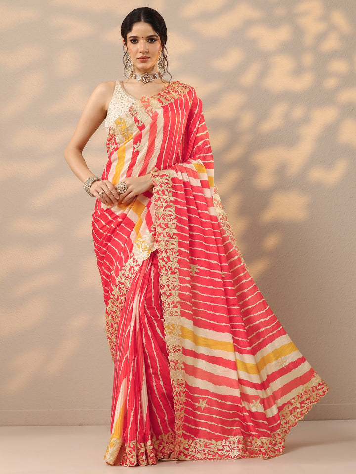 Multi Leheriya Printed Chinon Saree With Unstitched Blouse Piece