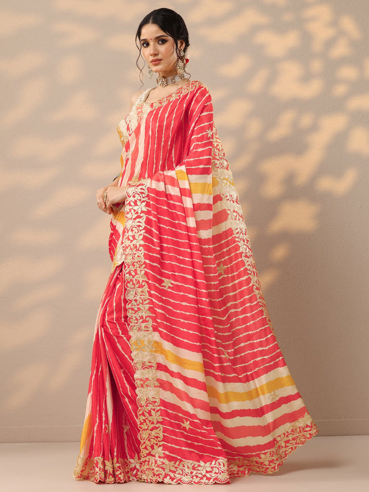 Multi Leheriya Printed Chinon Saree With Unstitched Blouse Piece