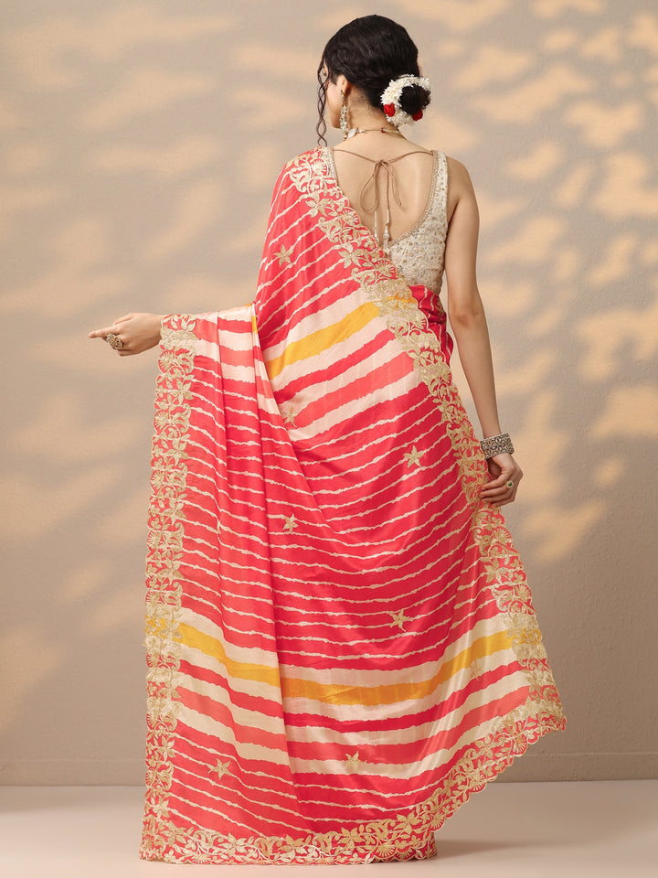 Multi Leheriya Printed Chinon Saree With Unstitched Blouse Piece