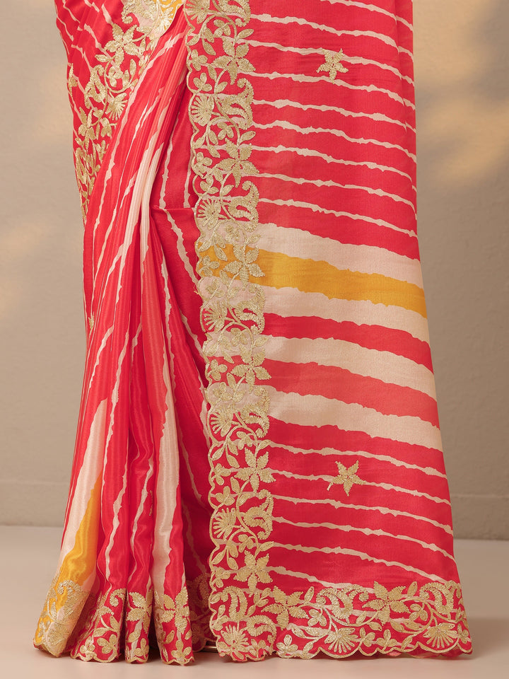 Multi Leheriya Printed Chinon Saree With Unstitched Blouse Piece