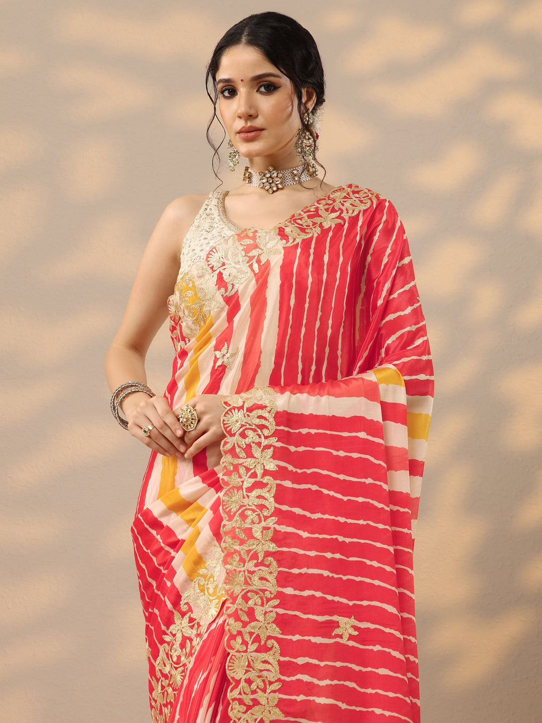 Multi Leheriya Printed Chinon Saree With Unstitched Blouse Piece