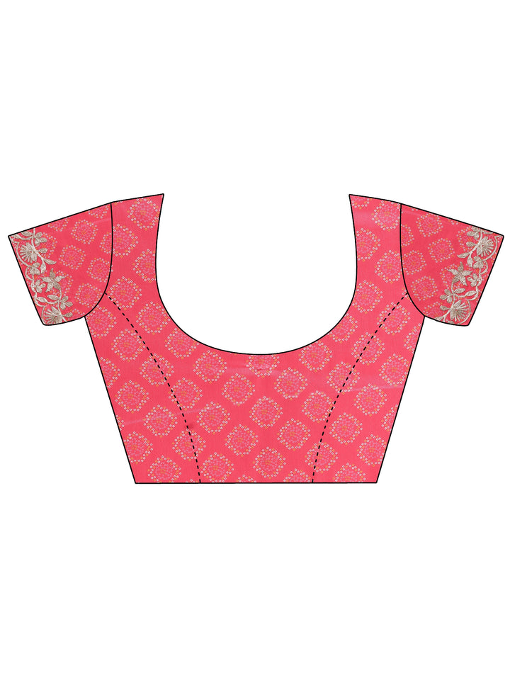Pink Leheriya Printed Chinon Saree With Unstitched Blouse Piece