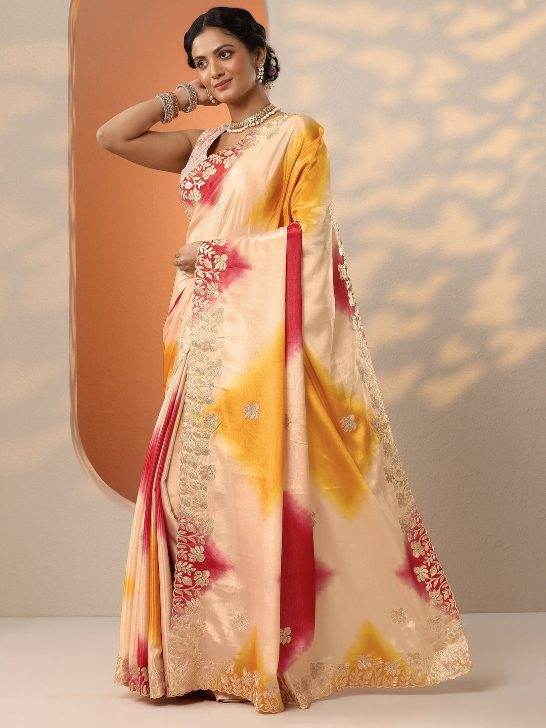 Multi Printed Banarasi Chinon Saree With Unstitched Blouse Piece