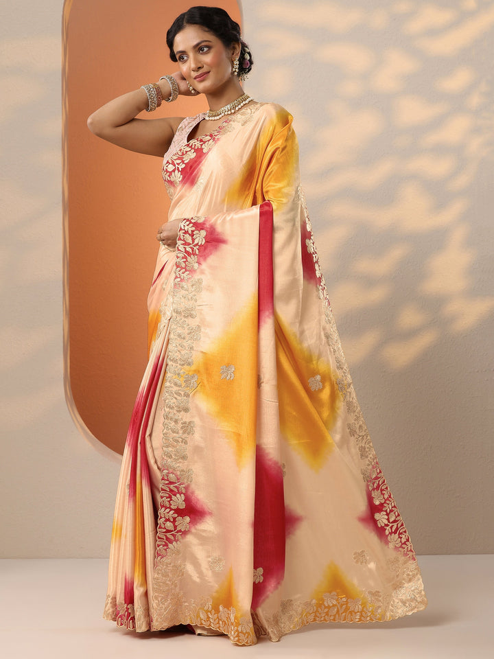 Multi Printed Banarasi Chinon Saree With Unstitched Blouse Piece