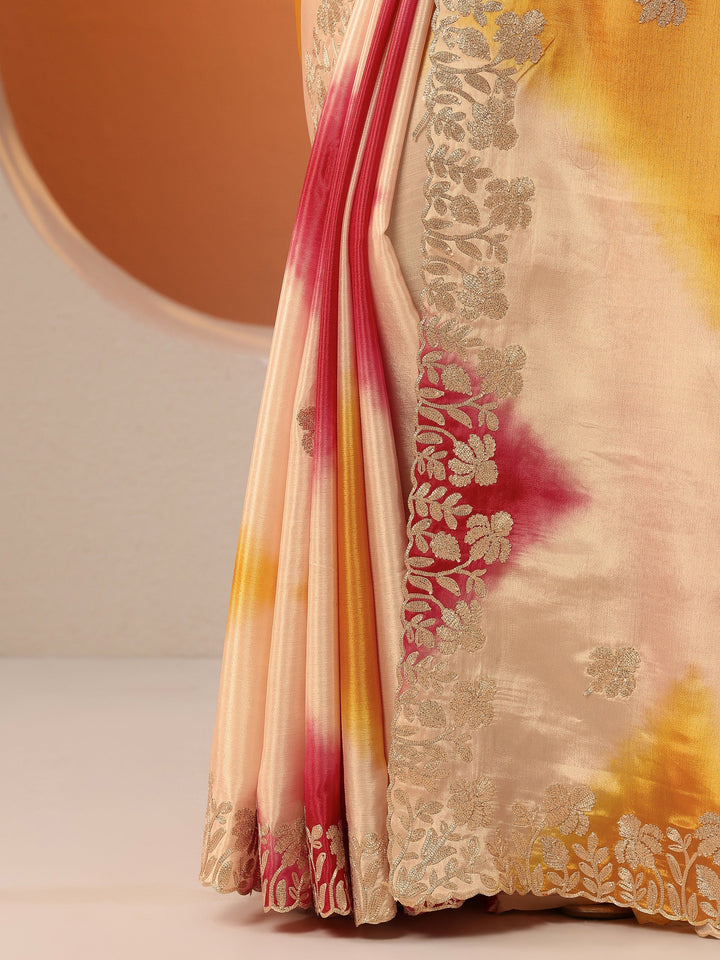 Multi Printed Banarasi Chinon Saree With Unstitched Blouse Piece