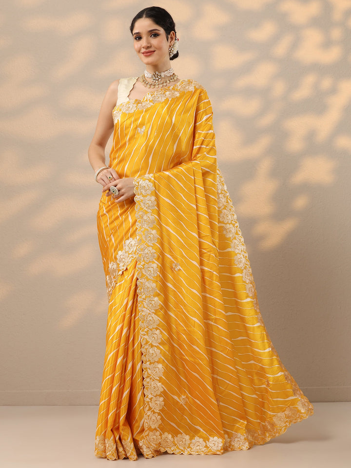 Mustard Leheriya Printed Chinon Saree With Unstitched Blouse Piece