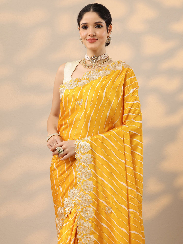 Mustard Leheriya Printed Chinon Saree With Unstitched Blouse Piece
