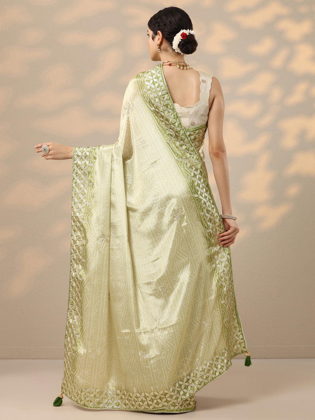 Green Printed Banarasi Chinon Saree With Unstitched Blouse Piece