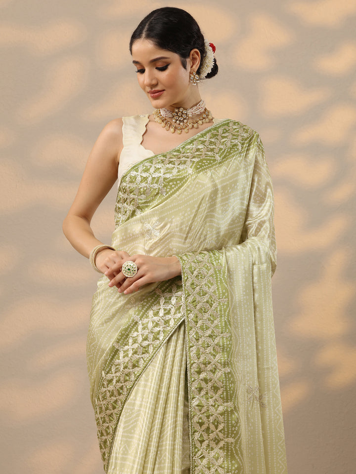 Green Printed Banarasi Chinon Saree With Unstitched Blouse Piece