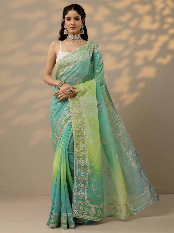 Green Embroidered Organza Saree With Unstitched Blouse Piece
