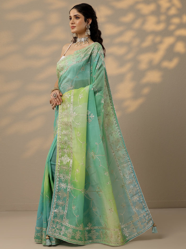 Green Embroidered Organza Saree With Unstitched Blouse Piece