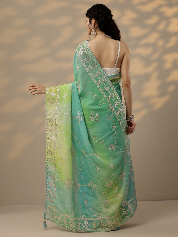 Green Embroidered Organza Saree With Unstitched Blouse Piece
