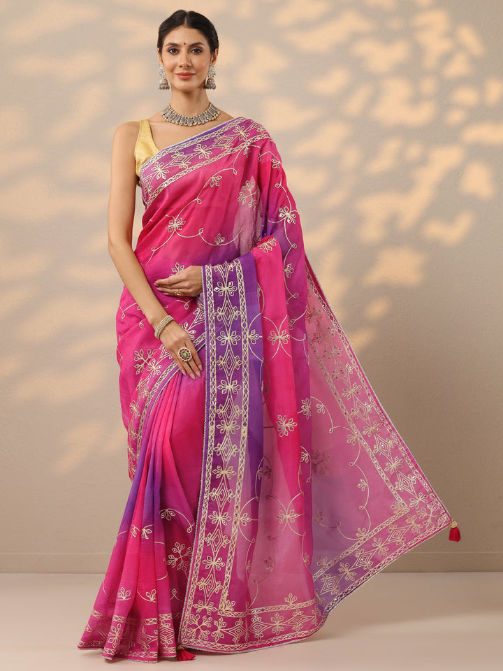 Pink Embroidered Organza Saree With Unstitched Blouse Piece