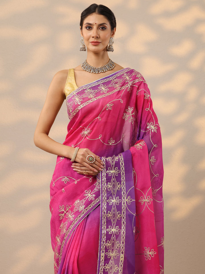 Pink Embroidered Organza Saree With Unstitched Blouse Piece