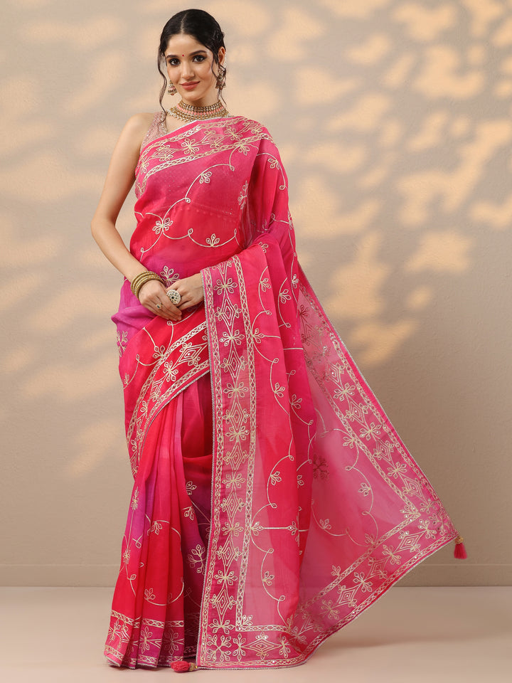 Pink Embroidered Organza Saree With Unstitched Blouse Piece