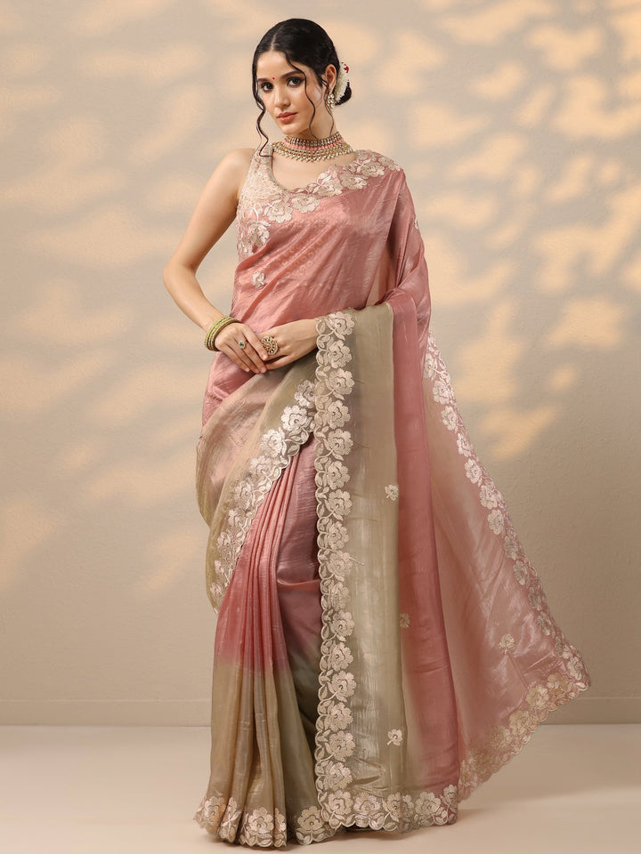 Peach Embroidered Organza Saree With Unstitched Blouse Piece