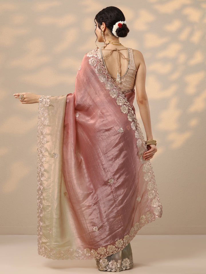 Peach Embroidered Organza Saree With Unstitched Blouse Piece