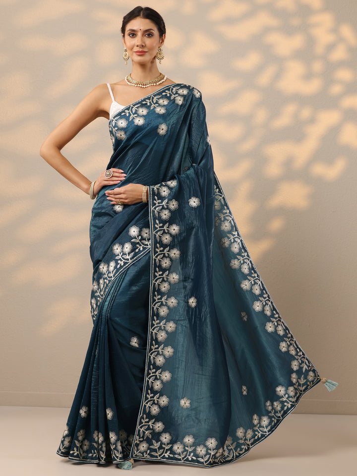 Blue Embroidered Organza Saree With Unstitched Blouse Piece