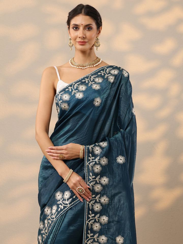 Blue Embroidered Organza Saree With Unstitched Blouse Piece